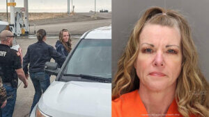 Lori Vallow Daybell transport and mugshot combo photo