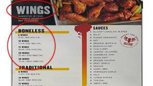 Section of Buffalo Wild Wings menu