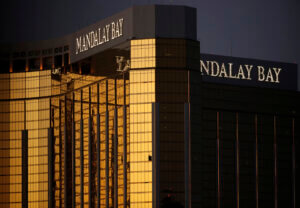 Broken windows from the Mandalay Bay resort and casino