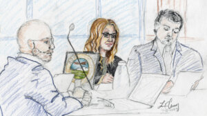 courtroom sketch, from left, depicts Madison County prosecutor Rob Wood, Lori Vallow Daybell and defense attorney Jim Archibald