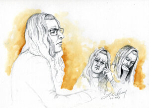 Sketch of Lori Vallow Daybell listening to her podcast in court