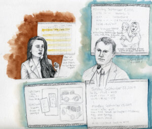 Courtroom sketch of Keely Coleman and Rick Wright testifying.