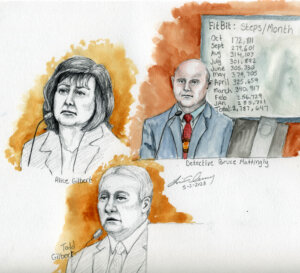sketch of Alice and Todd Gilbert testify at Lori Vallow Daybell's trial