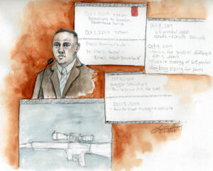 Sketch of Detective Vincente Kaaiakamanu with charts around him