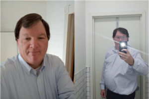 Two selfies show Rex Heuermann, one with him holding the phone as a flash goes off