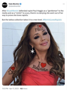 A screenshot of a twitter post showing Leah Remini with text "I love Rapists"