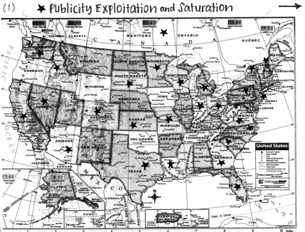 A map of the united states labled "publicity exploitation and saturation"