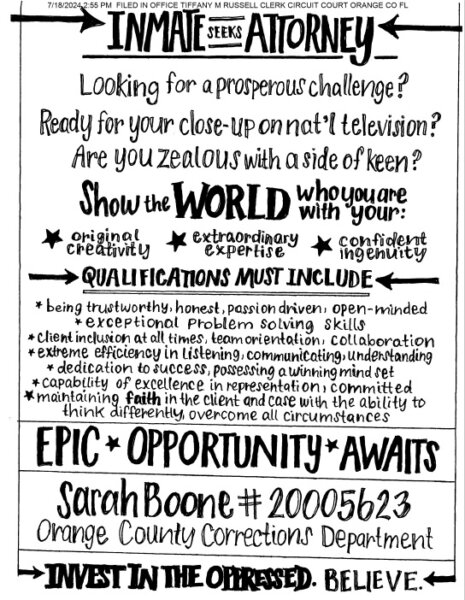 handwritten poster "inmate seeks attorney"