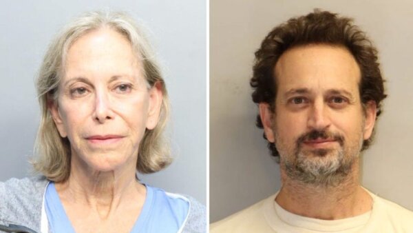 Splitscreen of 2 mugshots: an elderly woman and a middle-aged man