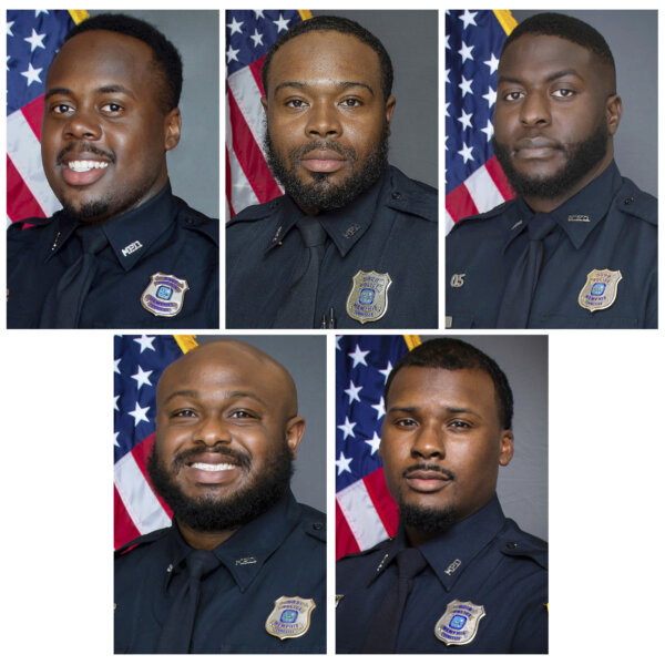 Combo of images: top row from left, officers Tadarrius Bean, Demetrius Haley, Emmitt Martin III, and bottom row from left, Desmond Mills Jr. and Justin Smith
