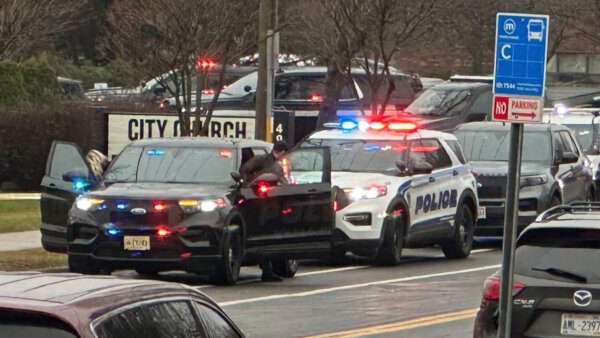 Police cars outside a school building.
