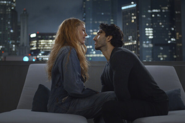 Justin Baldoni, right, and Blake Lively in a scene from "It Ends With Us."