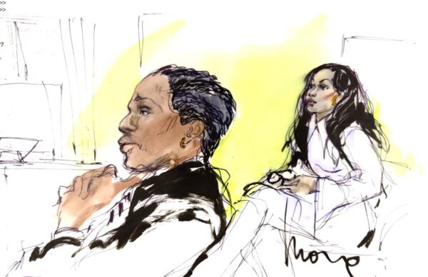 Courtroom sketch of a man and a woman.