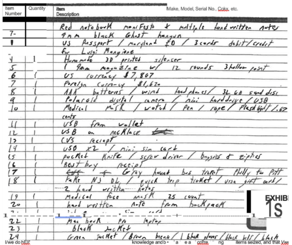 list of items seized from Luigi Mangioni