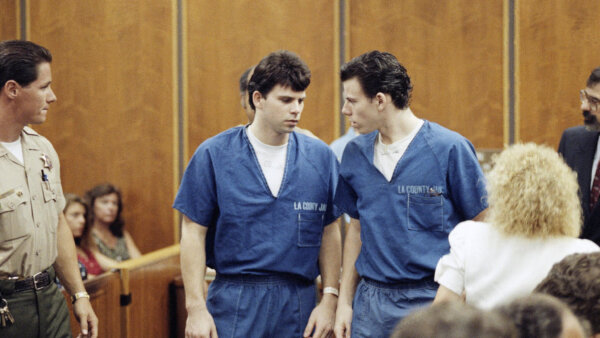 Lyle, left, and Erik Menendez leave a courtroom in Santa Monica