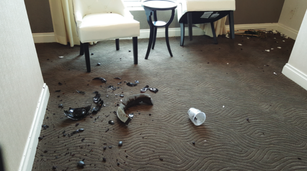 broken glass in a hotel room