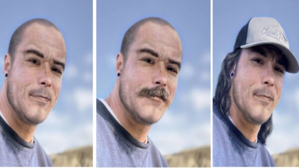 three photos of Travis Decker with altered appearance