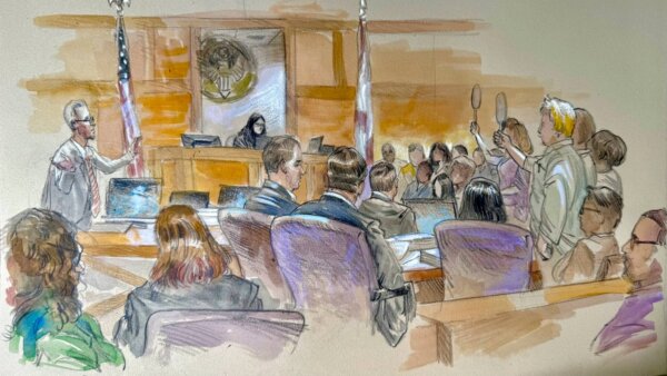 This courtroom sketch shows Ryan Routh, left, making his statement to the jury a