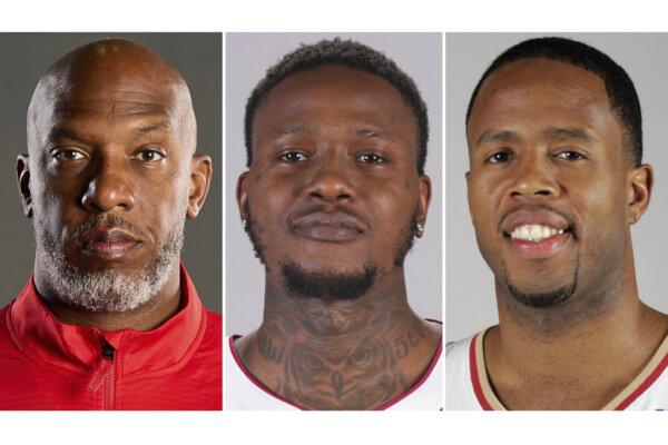Miami Heat guard Terry Rozier, Portland Trail Blazers head coach Chauncey Billups and former NBA player Damon Jones 