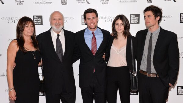 Rob Reiner, second left, poses with his wife Michele, left, and children Nick, center, Romy, and Jake