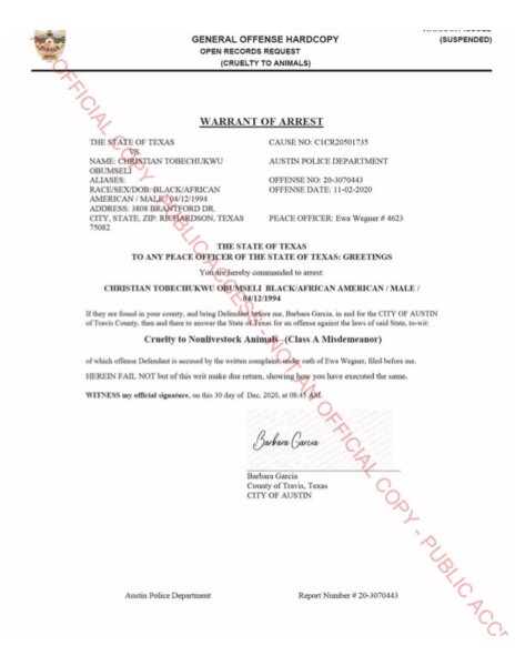 A warrant for animal cruelty